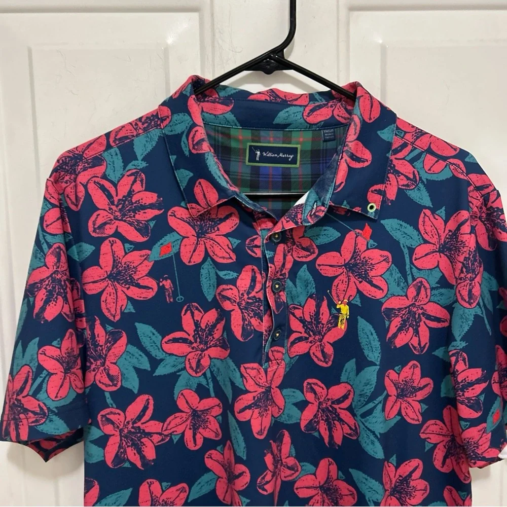 William Murray Men's Floral Golf Polo Shirt - Blue and Pink Medium
